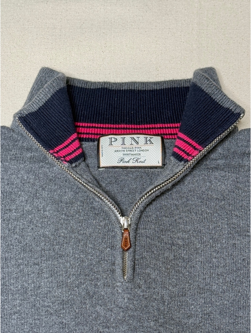 Thomas Pink Jermyn Street Men’s L Gray Quarter Zip Cotton Wool Sweater